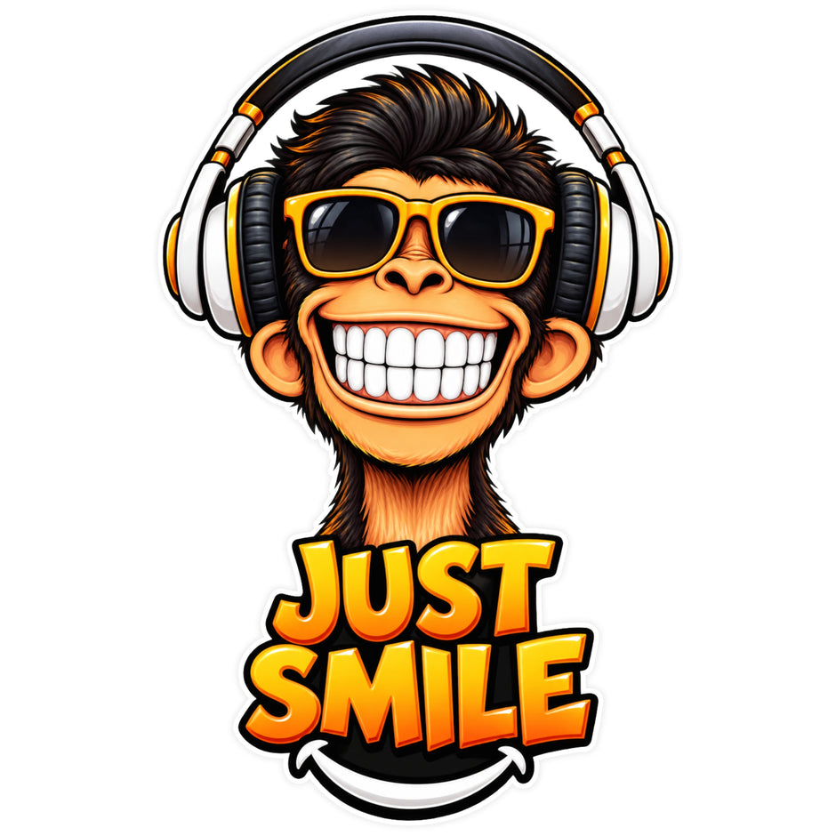 Just Smile Monkey Sticker with Sunglasses and Headphones Funny Cartoon Design by STIXY