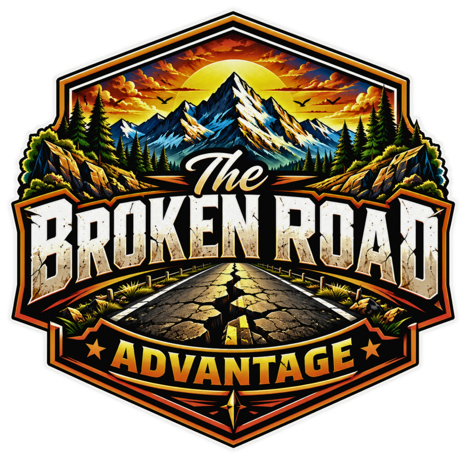 The Broken Road Adventure Sticker with Mountain Landscape and Off Road Travel Badge Design by STIXY