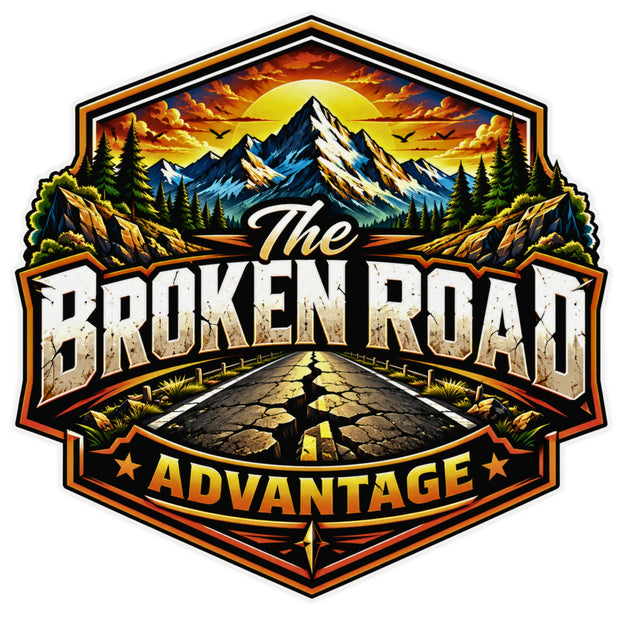 The Broken Road Adventure Sticker with Mountain Landscape and Off Road Travel Badge Design by STIXY
