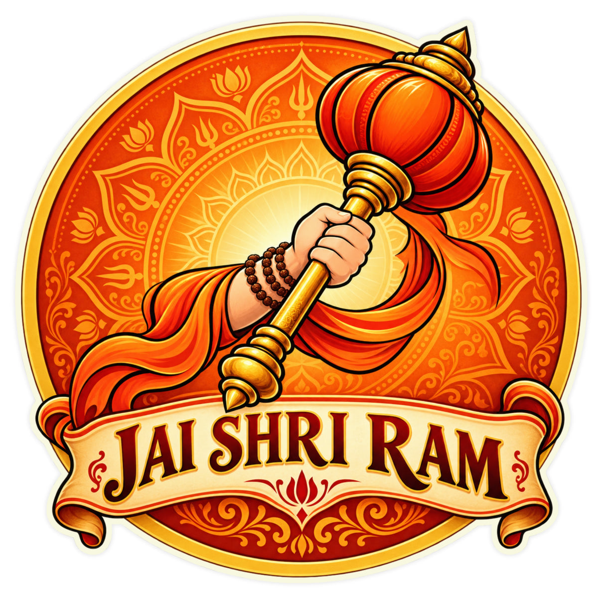 STIXY Jai Shri Ram Hanuman Gada Sticker Featuring Sacred Golden Mace Held by Hanuman Hand with Orange Saffron Mandala Background and Jai Shri Ram Lettering