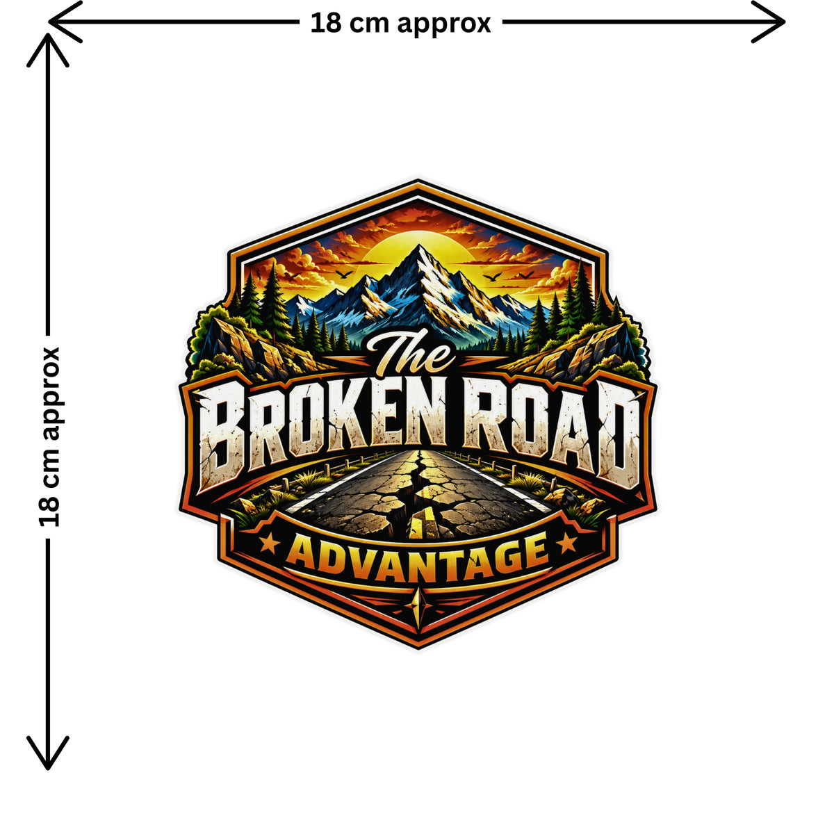 The Broken Road Adventure Sticker Size Guide 18 × 18 cm by STIXY