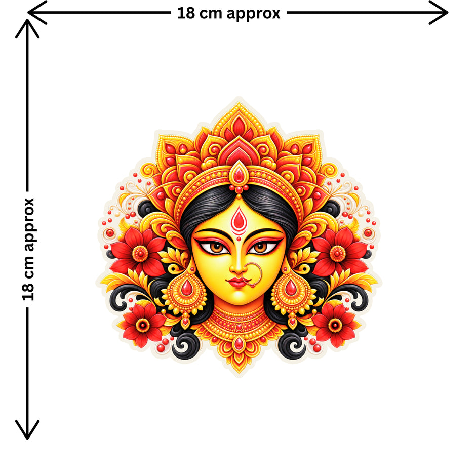 Maa Durga Divine Face Spiritual Sticker Size Guide 18 × 18 cm by STIXY