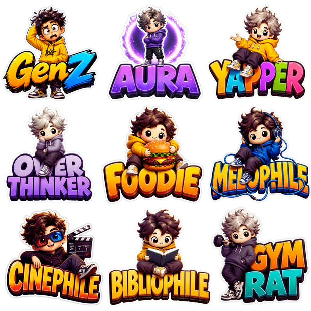 STIXY Gen Z Personality Waterproof Matte Vinyl Sticker Pack with 9 Cute Cartoon Character Designs