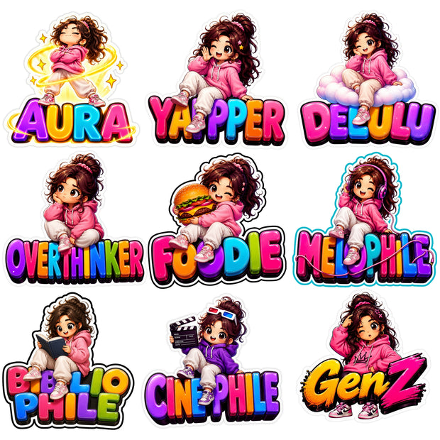 STIXY Gen Z Personality Waterproof Matte Vinyl Sticker Pack with 9 Cute Cartoon Character Designs