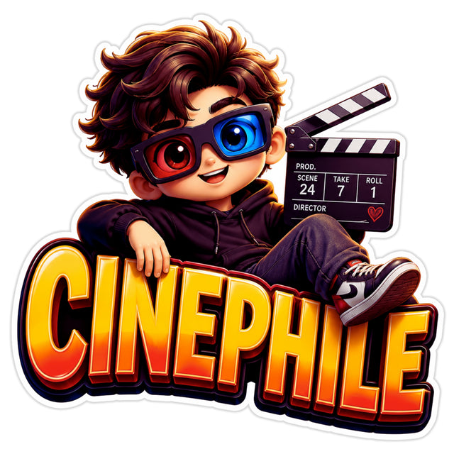 A cartoon-style die-cut sticker featuring a smiling boy with brown hair wearing 3D glasses, sitting behind large orange and yellow text reading 'CINEPHILE,' with a clapperboard behind him on a white background STIXY.