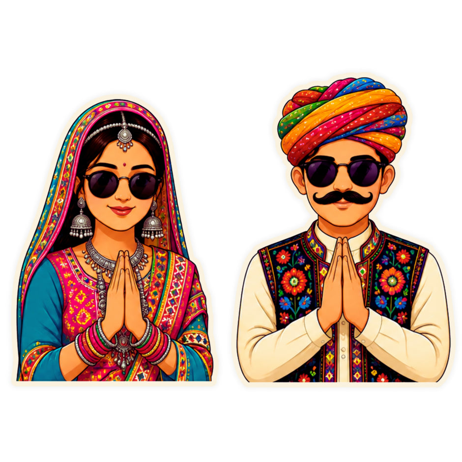 Traditional Rajasthani Couple Namaste Waterproof Matte Vinyl Sticker Set by STIXY