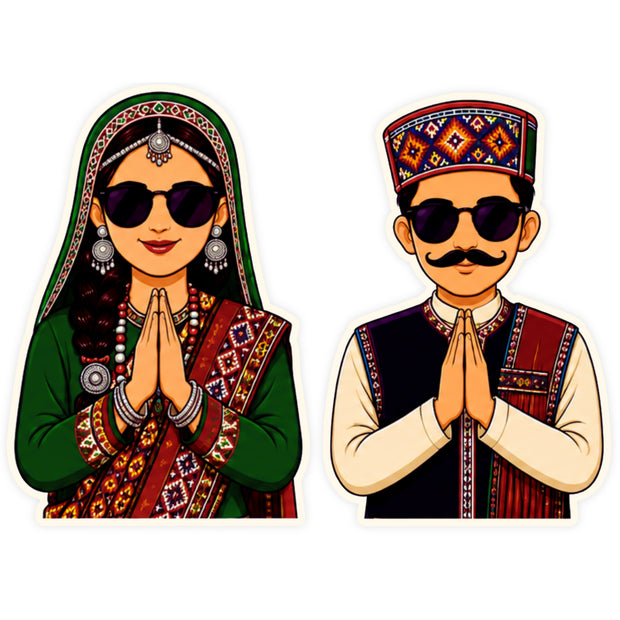 Traditional Pahadi Couple Namaste Waterproof Matte Vinyl Sticker Set by STIXY