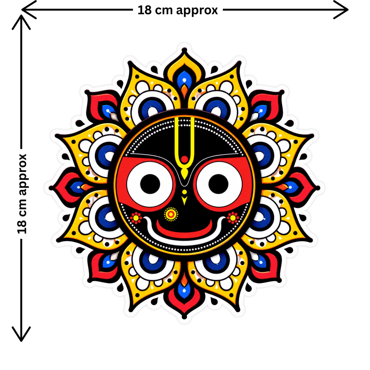 Lord Jagannath Face Mandala Sticker Size Guide Showing Approximate 18 × 18 cm by STIXY