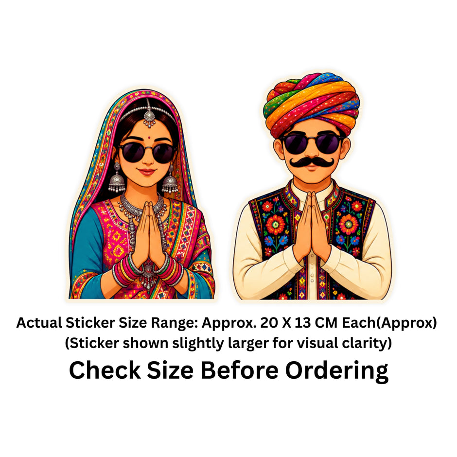 Two illustrated Indian couple stickers shown on a white background with text stating the actual sticker size range is approximately 20 x 13 cm each and to check size before ordering.
