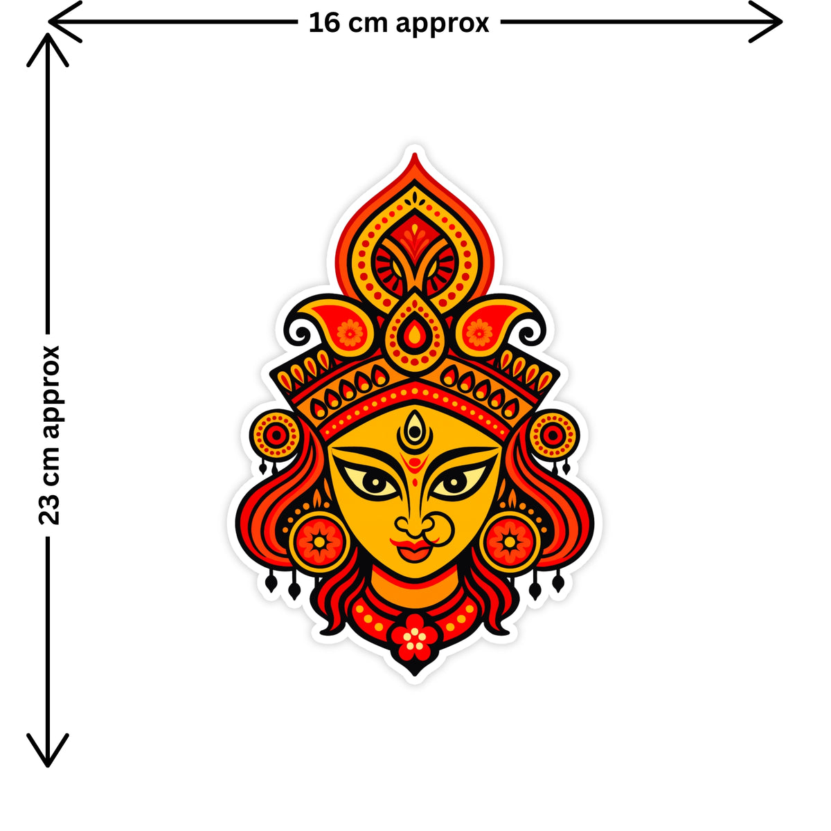 Maa Durga Face Sticker Size Guide Showing Approximate 23 × 16 cm Size by STIXY
