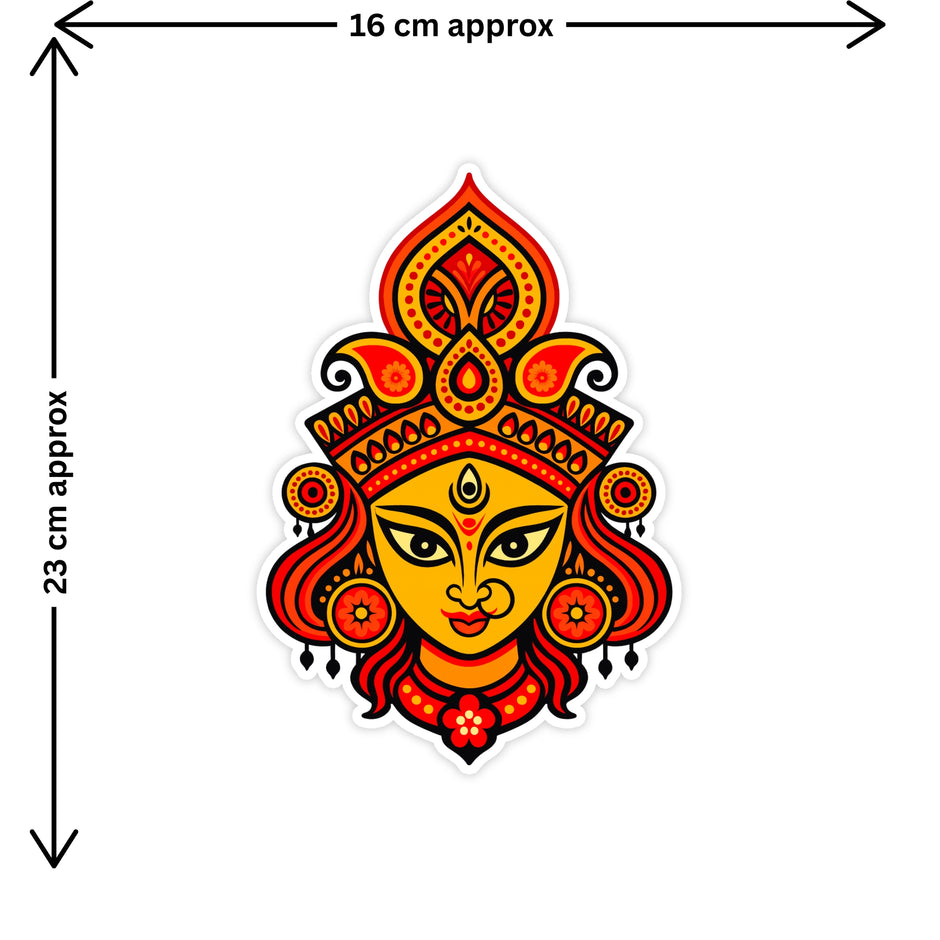 Maa Durga Face Sticker Size Guide Showing Approximate 23 × 16 cm Size by STIXY