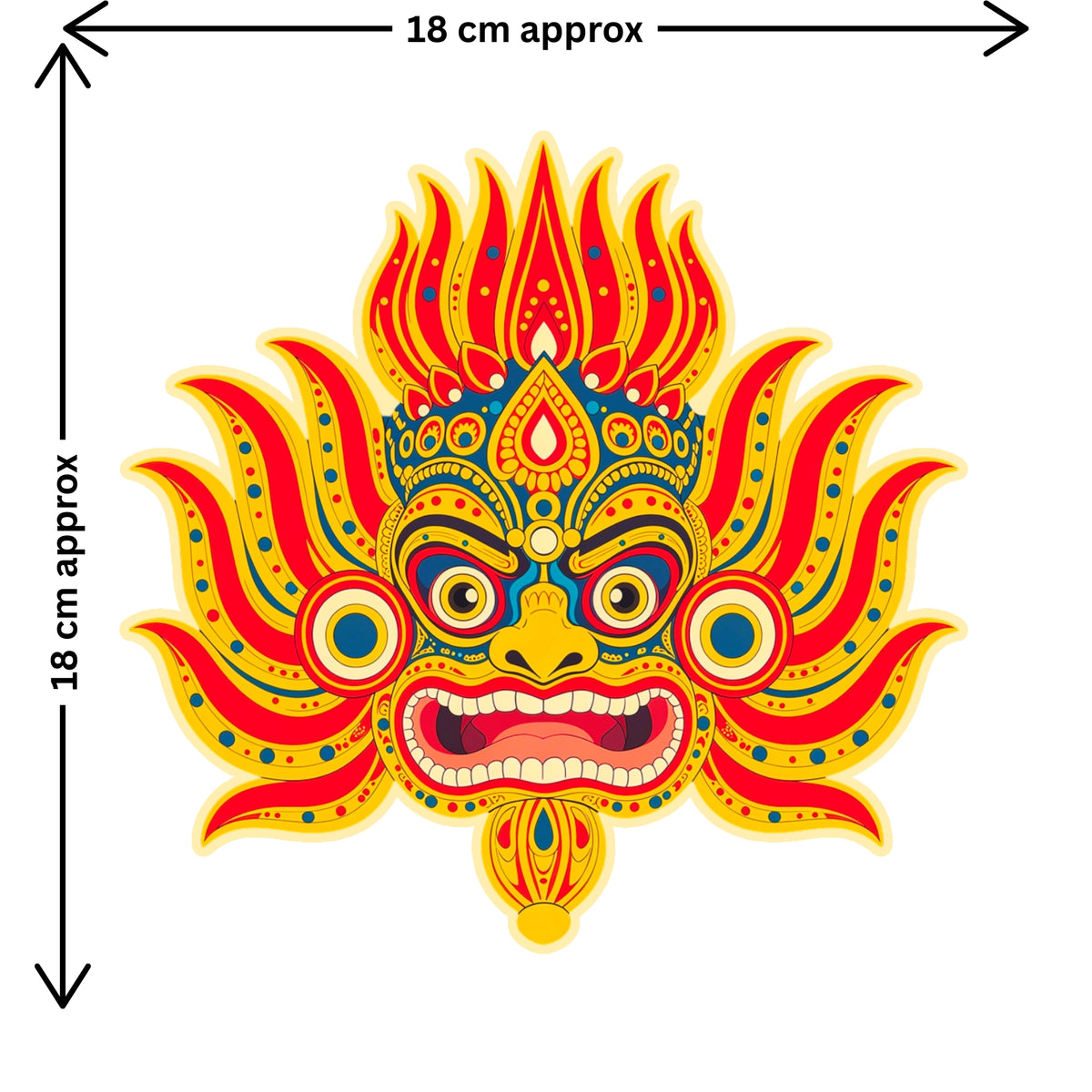 Rakshasa Protection Mask Sticker Size Guide Showing Approximate 18 × 18 cm Size by STIXY