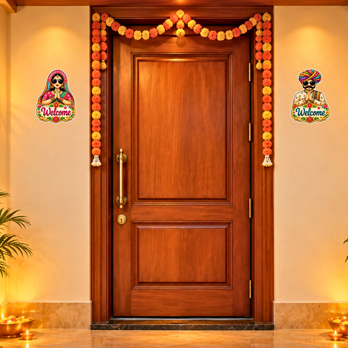 Traditional Rajasthani Couple Welcome Sticker Set on Main Entrance Door Featuring Namaste Greeting and Ethnic Rajasthani Attire