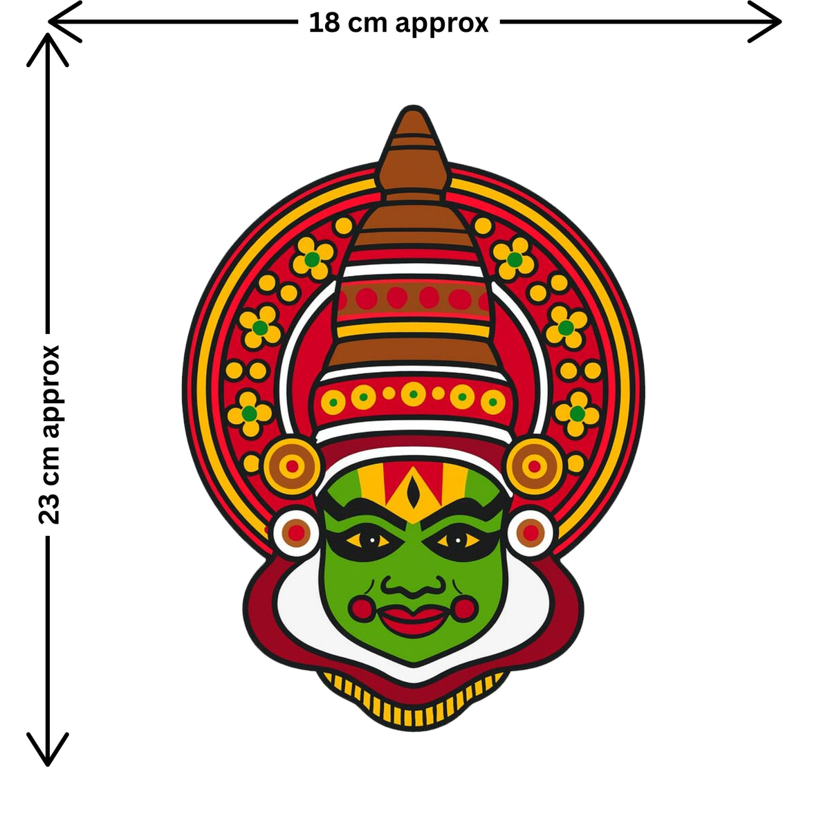 Kathakali Face Sticker Size Guide Showing Approximate 23 × 18 cm Size by STIXY