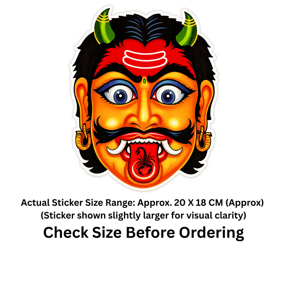 A colorful illustrated sticker of a demon face with red skin, black hair and mustache, blue eyes, green horns, and a red tongue with a black scarab, shown on a white background with text stating the actual sticker size range and to check size before ordering.