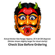 A colorful illustrated sticker of a demon face with red skin, black hair and mustache, blue eyes, green horns, and a red tongue with a black scarab, shown on a white background with text stating the actual sticker size range and to check size before ordering.