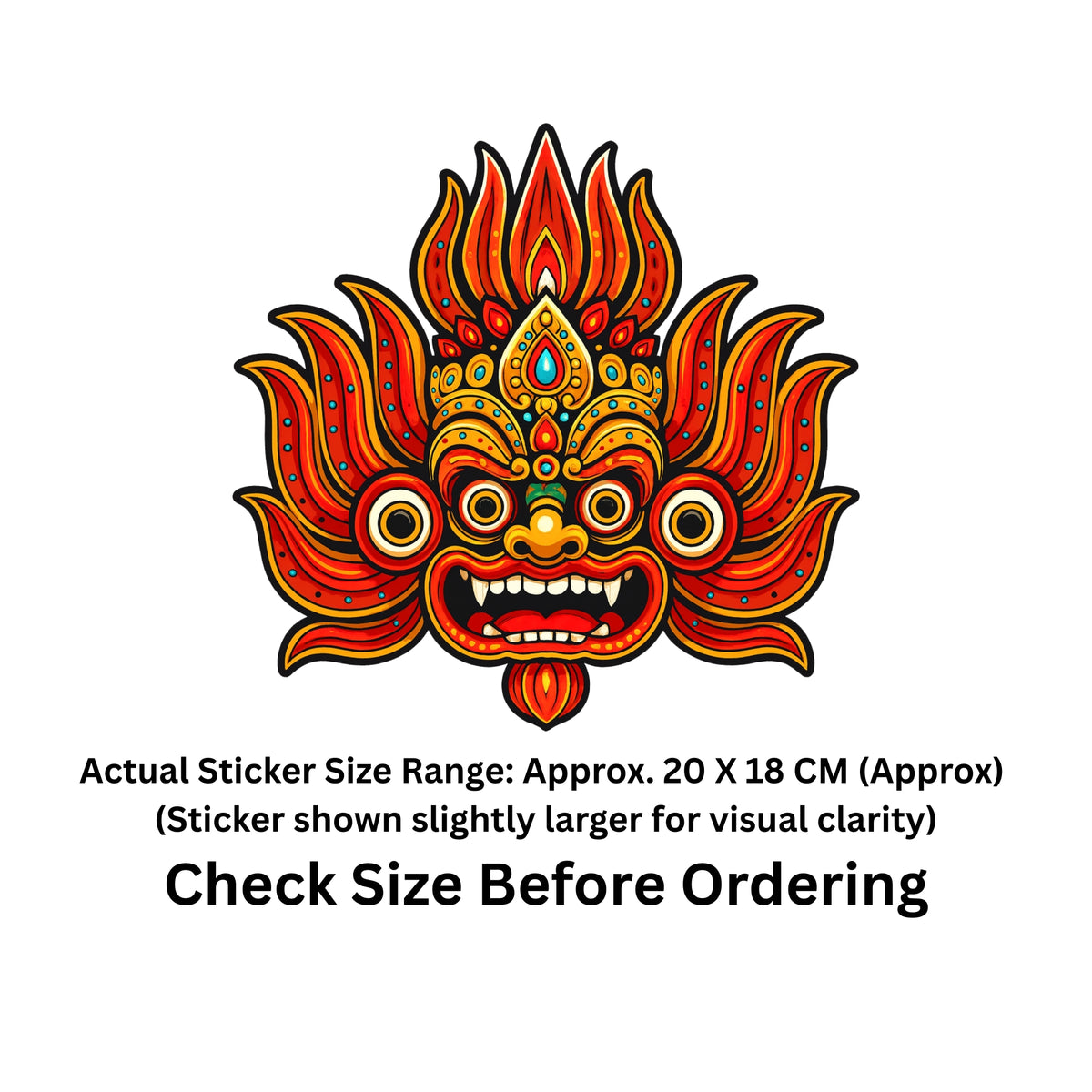 A colorful illustrated mask sticker centered on a white background, with text below stating the actual sticker size range is approximately 20 x 18 cm and advising to check size before ordering.