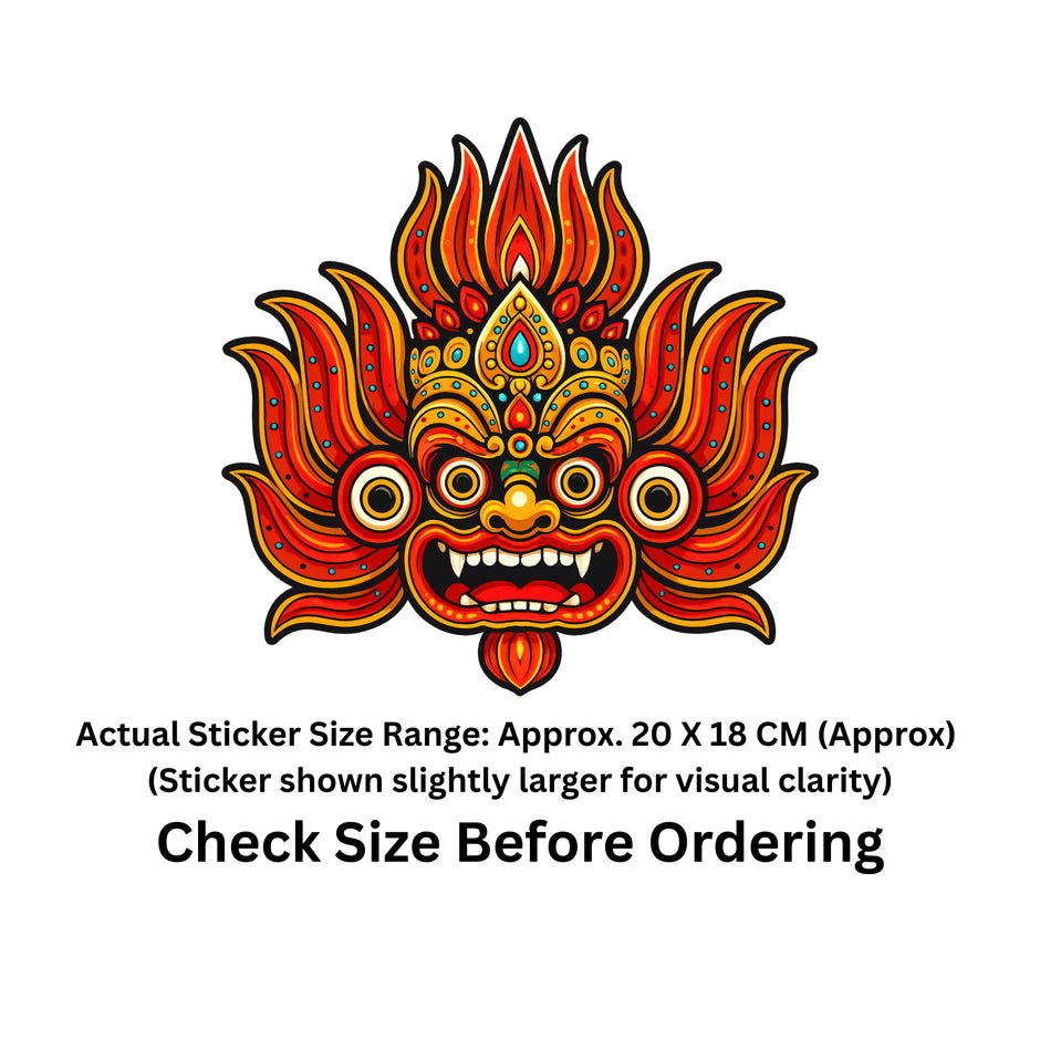 A colorful illustrated mask sticker centered on a white background, with text below stating the actual sticker size range is approximately 20 x 18 cm and advising to check size before ordering.