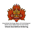 A colorful illustrated mask sticker centered on a white background, with text below stating the actual sticker size range is approximately 20 x 18 cm and advising to check size before ordering.