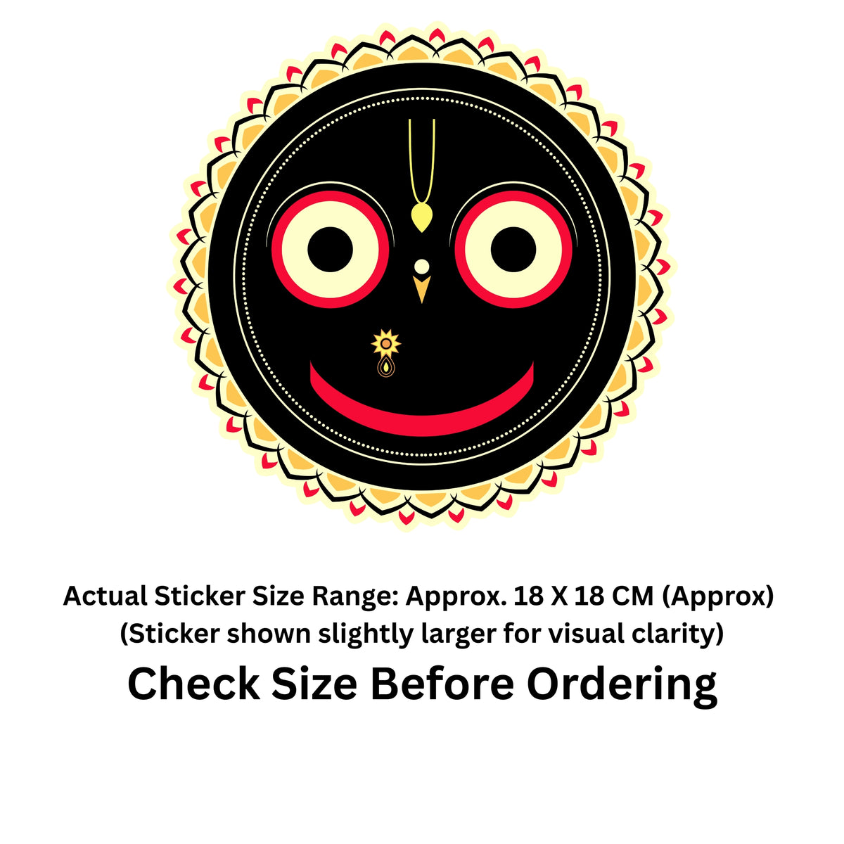 A decorative circular sticker design featuring a black face with large red and cream eyes, a red smile, and ornate red, cream, and yellow border patterns. Text below reads 'Actual Sticker Size Range: Approx.