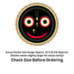 A decorative circular sticker design featuring a black face with large red and cream eyes, a red smile, and ornate red, cream, and yellow border patterns. Text below reads 'Actual Sticker Size Range: Approx.