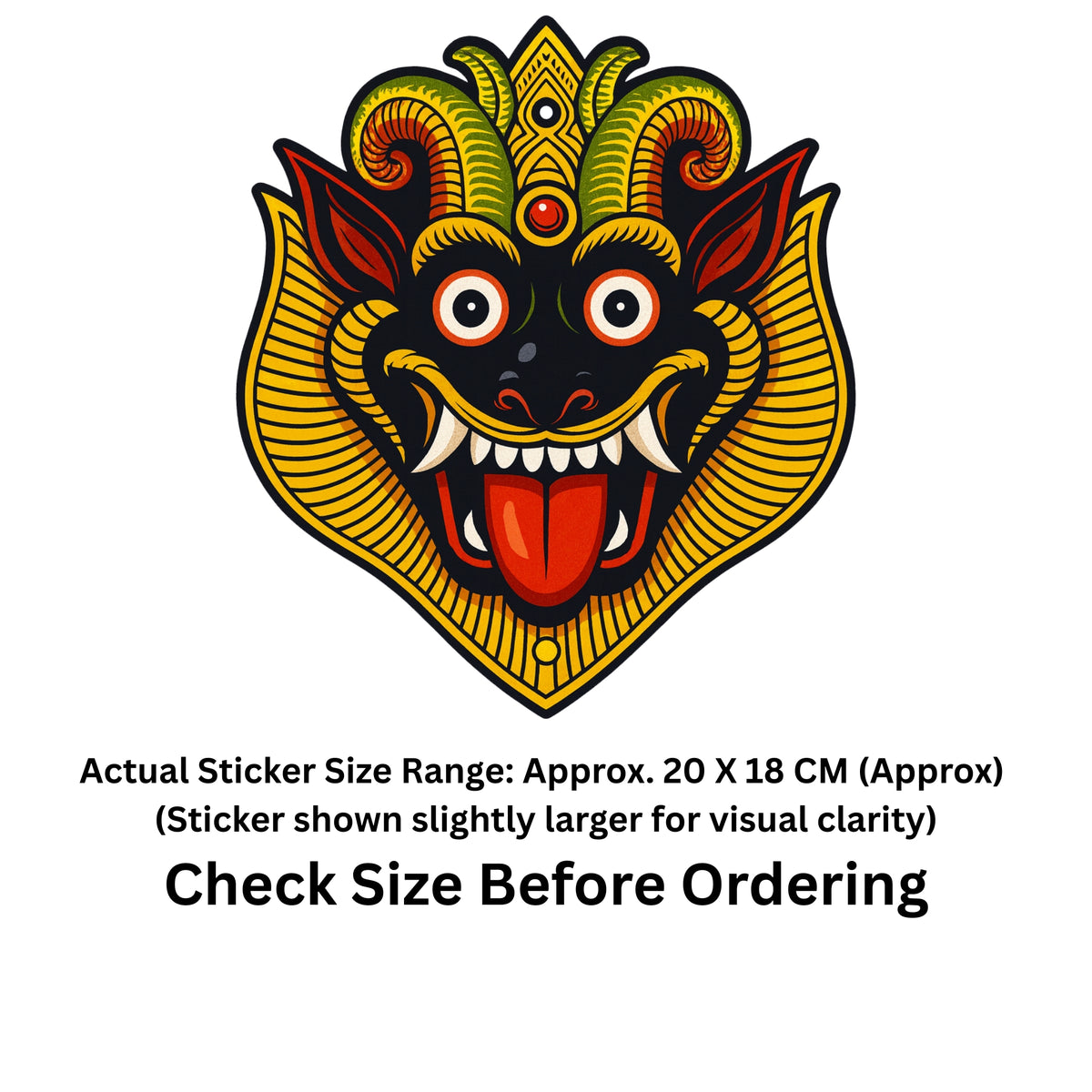 A stylized illustrated demon or mask face sticker centered on a white background, with text below stating the actual sticker size range is approximately 20 x 18 cm and to check size before ordering.