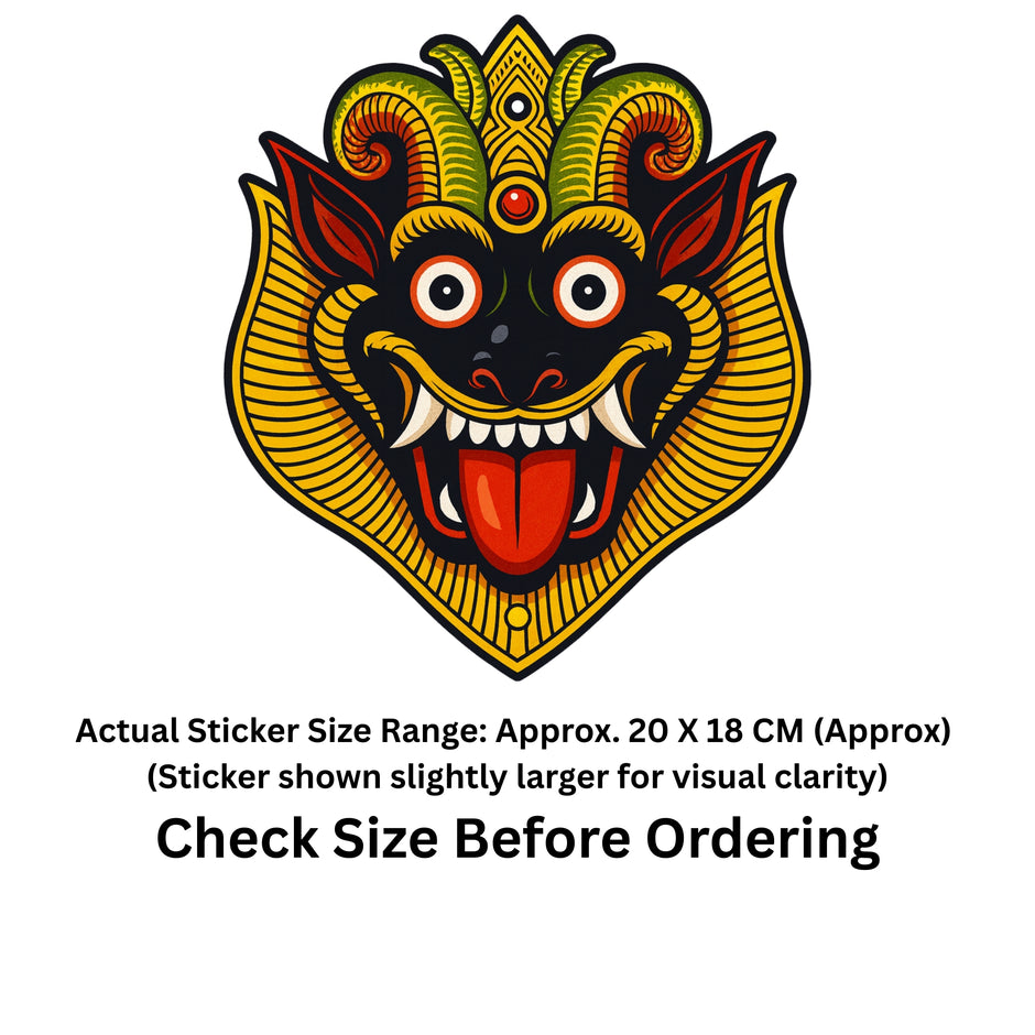 A stylized illustrated demon or mask face sticker centered on a white background, with text below stating the actual sticker size range is approximately 20 x 18 cm and to check size before ordering.