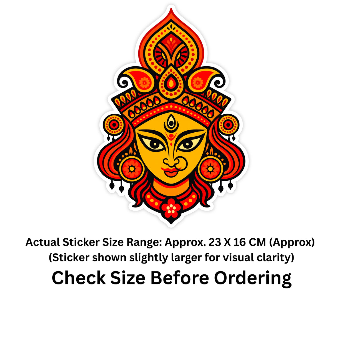 A die-cut sticker featuring a stylized yellow face with red and orange decorative headdress and hair, shown on a white background with text below stating the actual sticker size range and a size check before ordering.