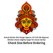 A die-cut sticker featuring a stylized yellow face with red and orange decorative headdress and hair, shown on a white background with text below stating the actual sticker size range and a size check before ordering.