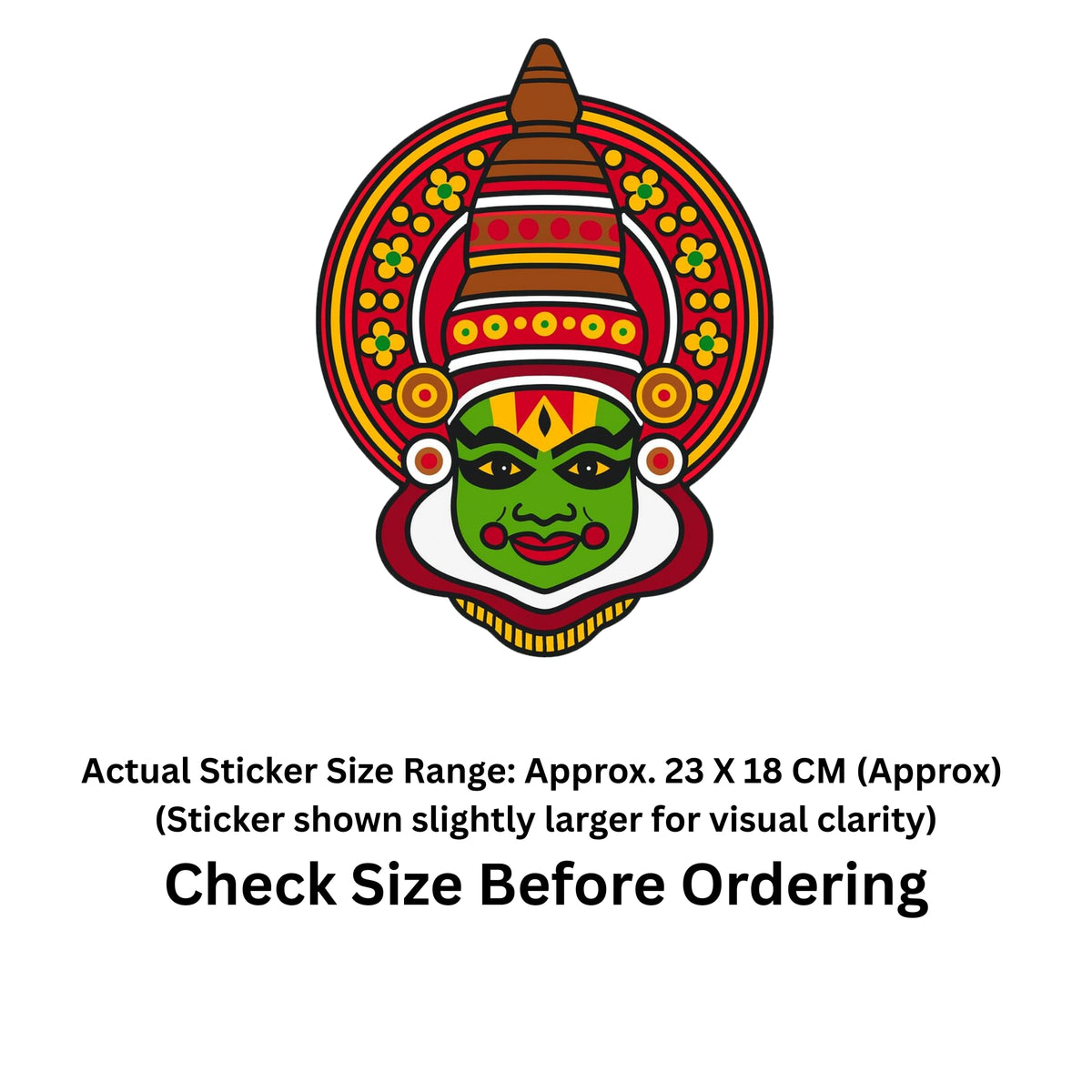 A colorful decorative face sticker centered on a white background, with text below stating the actual sticker size range as approximately 23 x 18 cm and a reminder to check size before ordering.