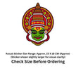 A colorful decorative face sticker centered on a white background, with text below stating the actual sticker size range as approximately 23 x 18 cm and a reminder to check size before ordering.