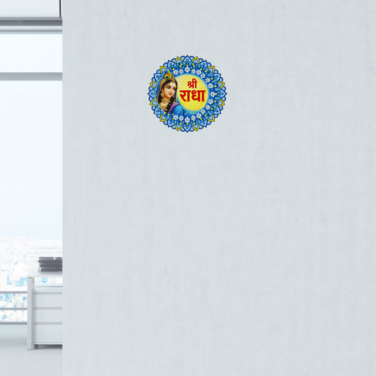 Shri Radha Blue Floral Mandala Waterproof Matte Vinyl Sticker Applied on Wall by STIXY