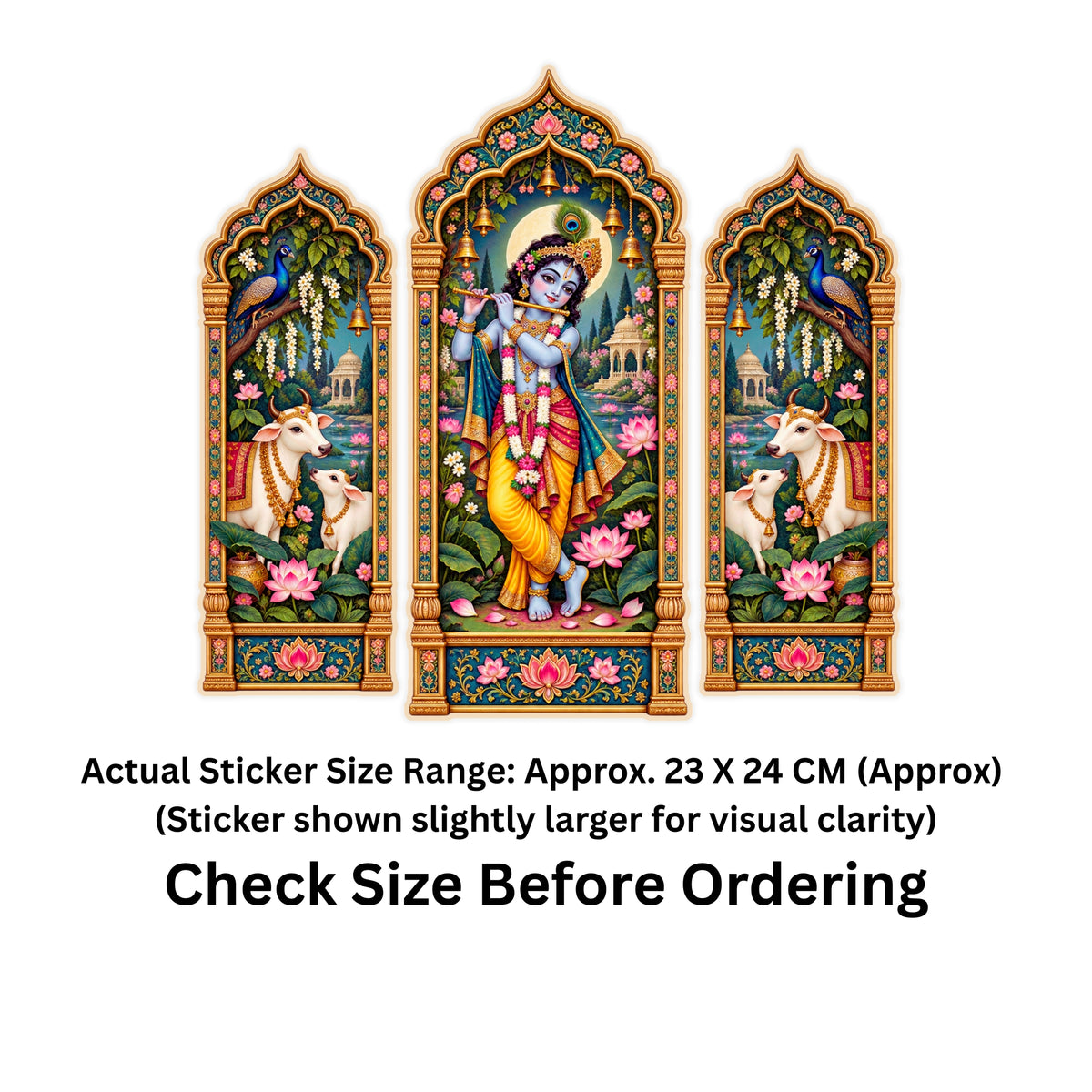 Lord Krishna with Cows Jharokha Sticker Set of 3 Size Guide Showing Approximate 23 × 12 cm Each by STIXY