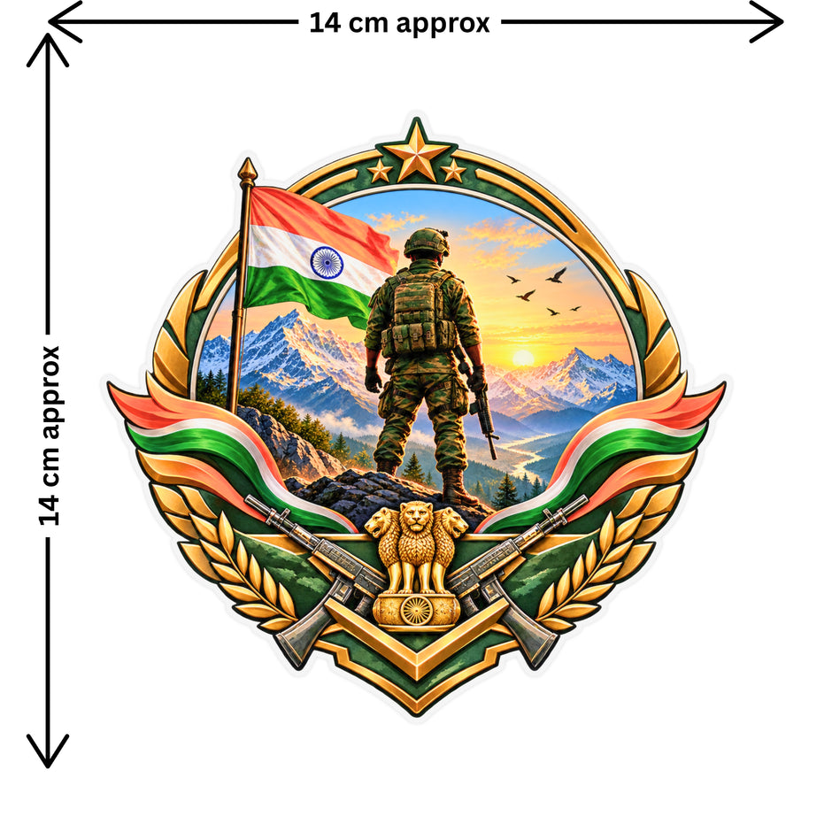 Indian Army Soldier Patriotic Badge Sticker Size Guide 14 × 14 cm by STIXY