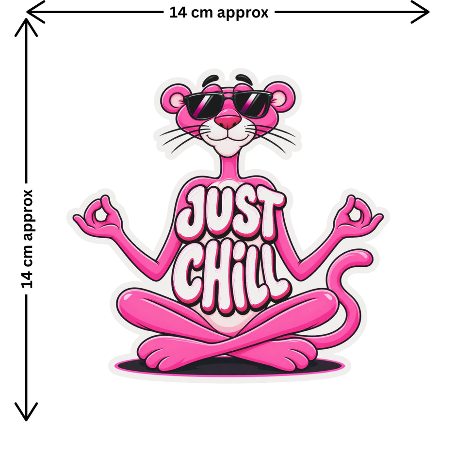 Pink Panther Just Chill Sticker Size Guide Showing Approximate 14 × 14 cm Size by STIXY