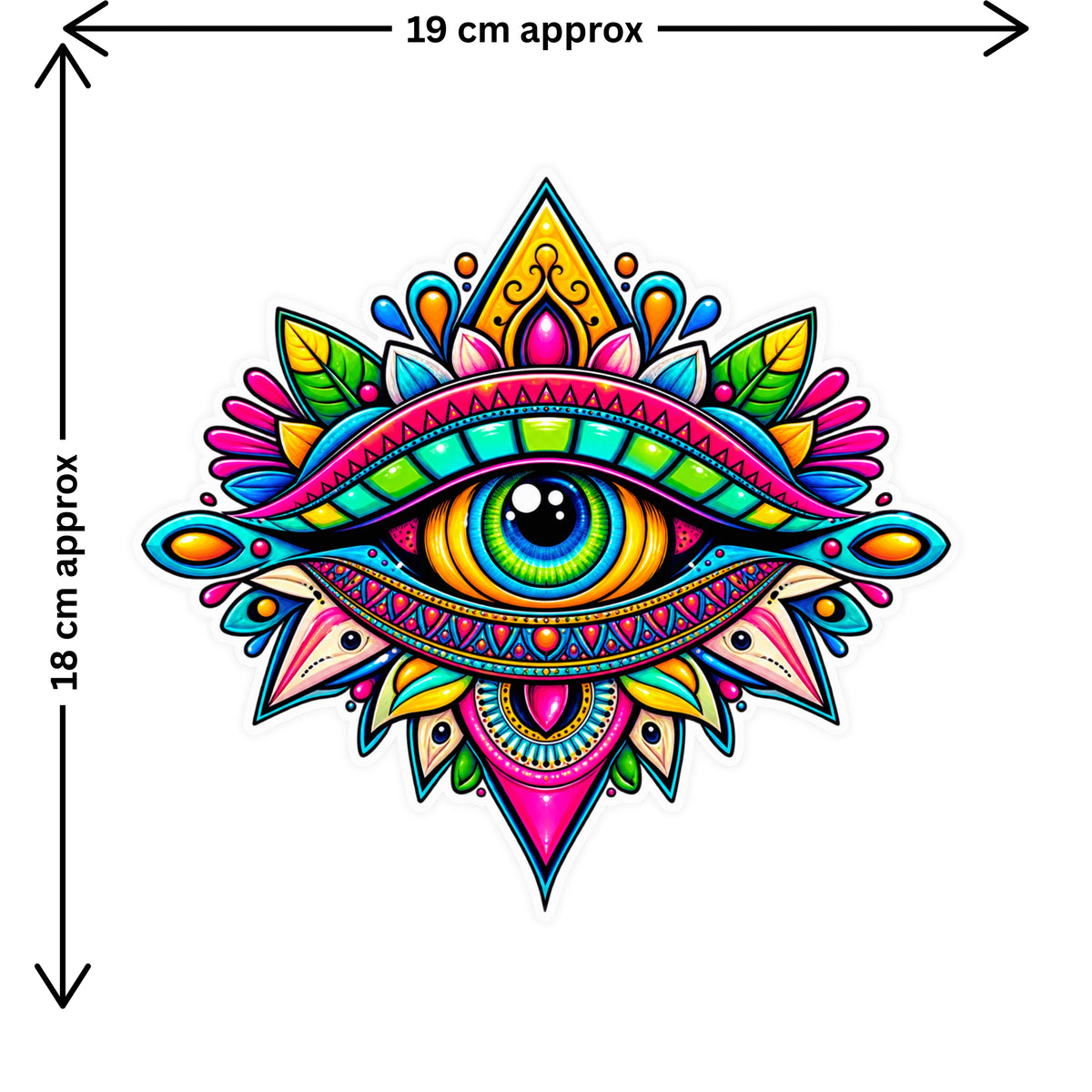 Colorful Evil Eye Mandala Sticker Size Guide Showing Approximate 19 × 18 cm by STIXY