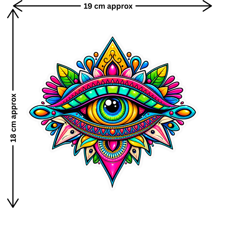 Colorful Evil Eye Mandala Sticker Size Guide Showing Approximate 19 × 18 cm by STIXY