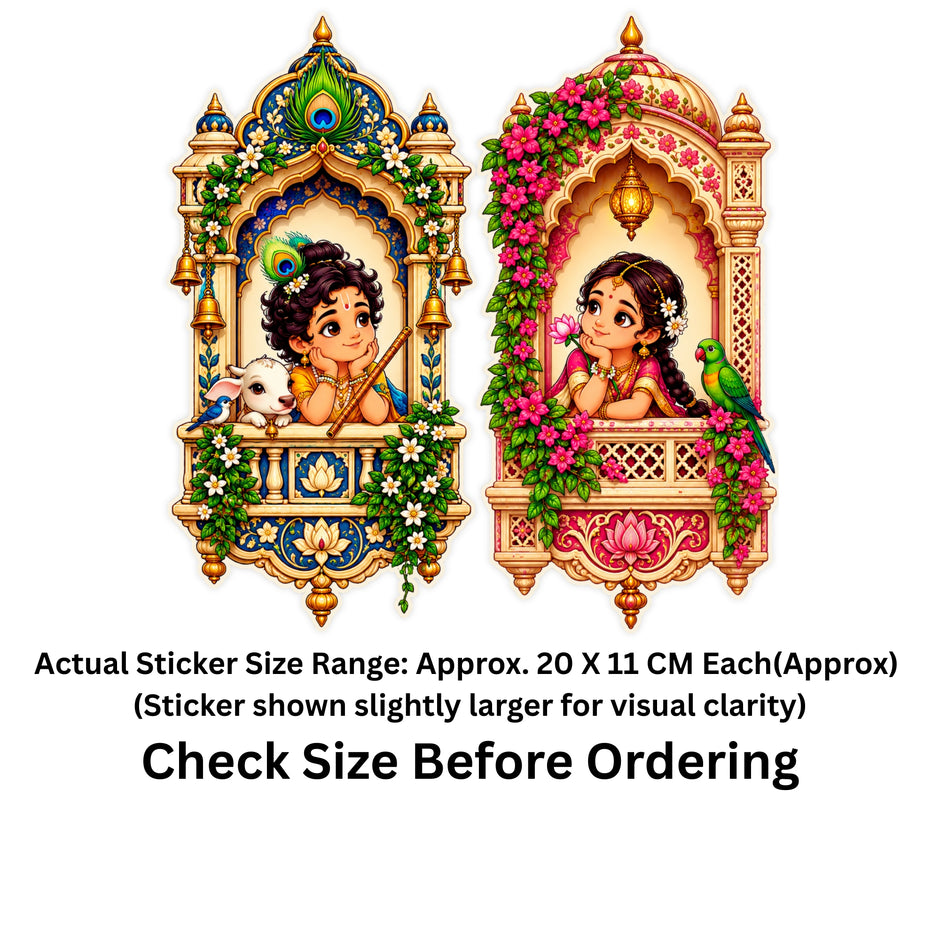 Radha Krishna Jharokha Sticker Set of 2 Size Guide Showing Approximate 20 × 11 cm Each by STIXY