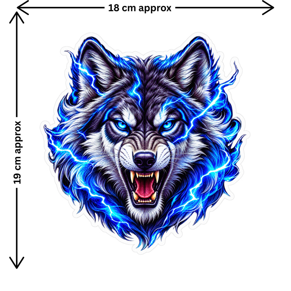 Electric Blue Wolf Sticker Size Guide Showing Approximate 18 × 18 cm Size by STIXY
