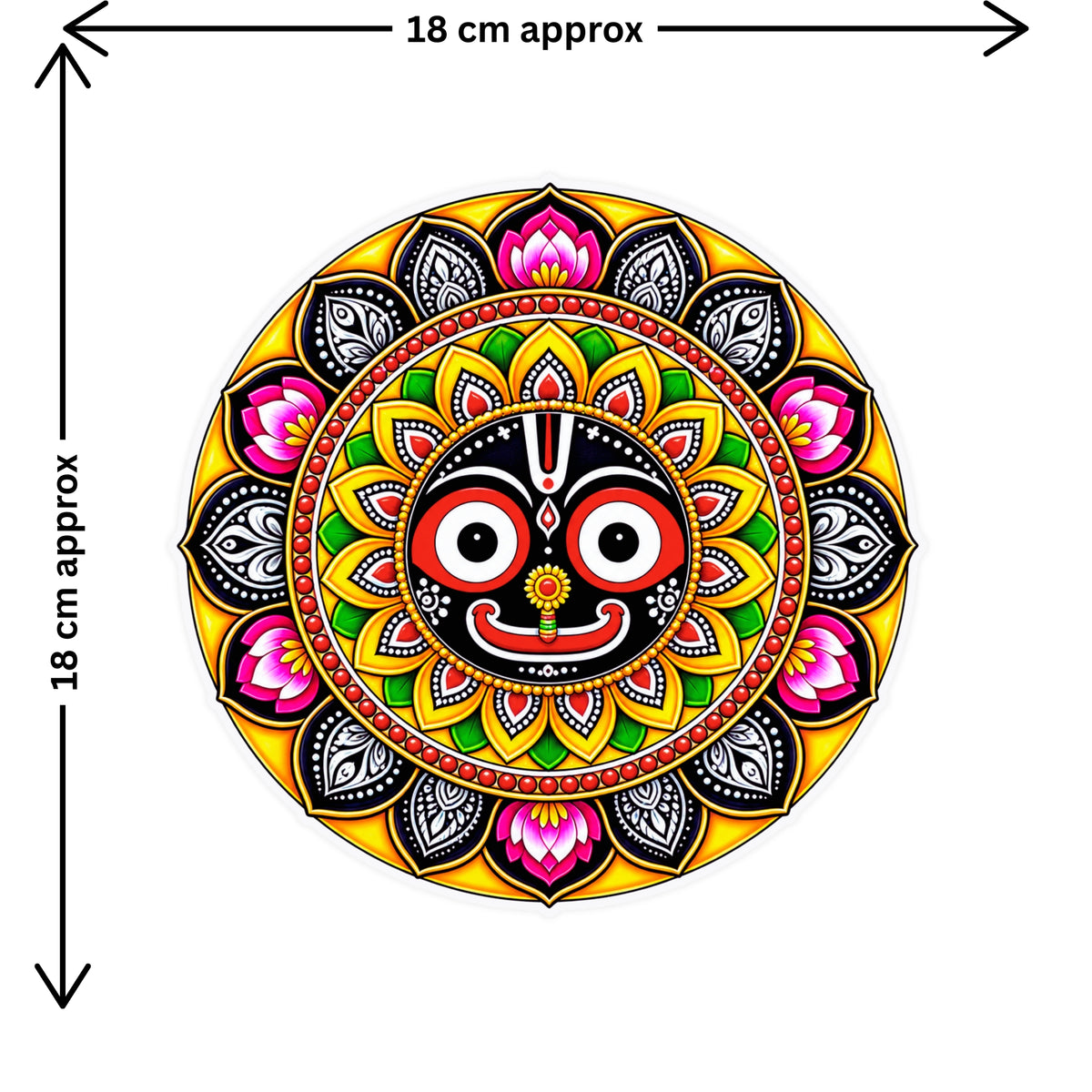 Lord Jagannath Mandala Sticker Size Guide Showing Approximate 18 × 18 cm by STIXY