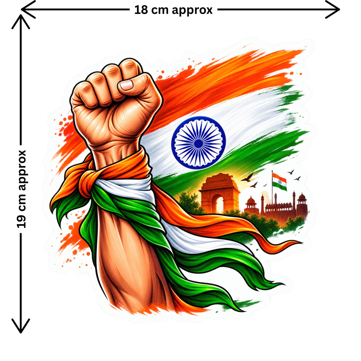 Indian Tricolor Raised Fist Patriotic Sticker Size Guide Showing Approximate 18 × 18 cm Size by STIXY
