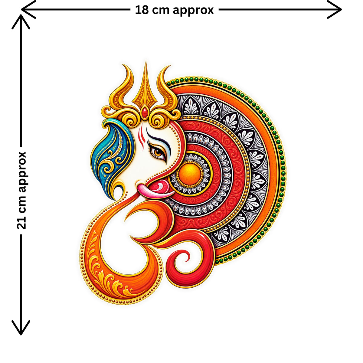 Lord Ganesha Trishul Sticker Size Guide Showing Approximate 18 × 21 cm by STIXY