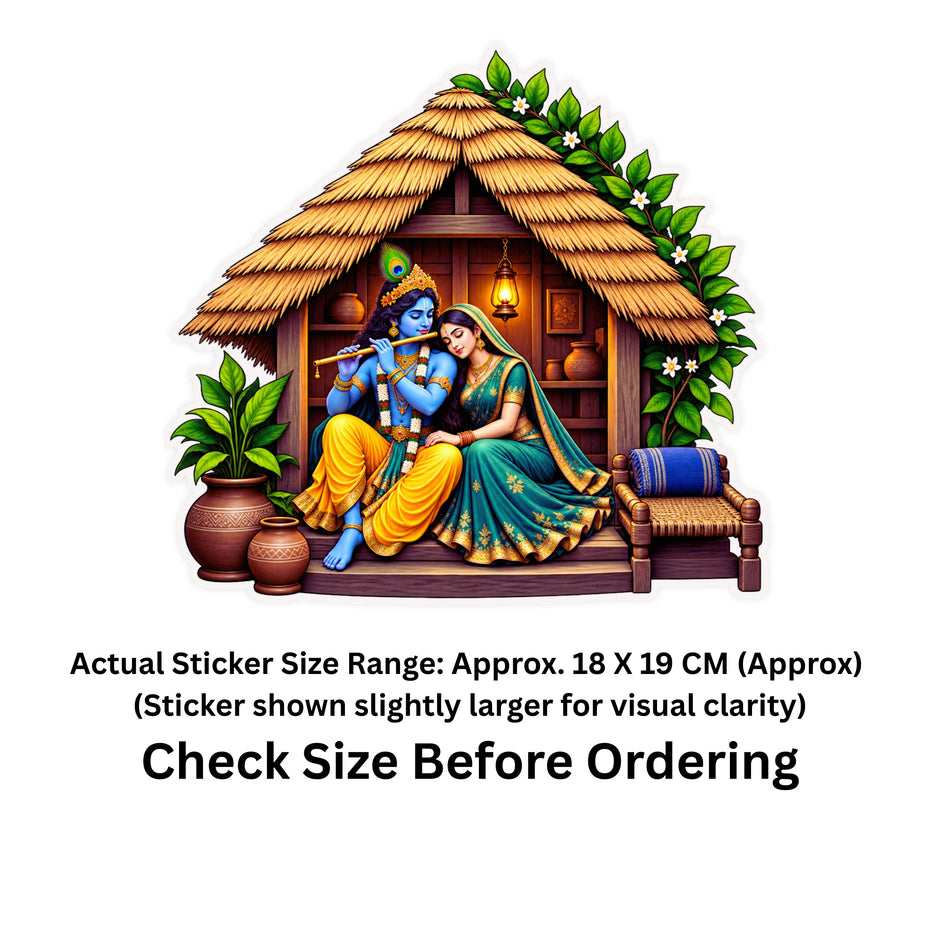 Radha Krishna Rustic Hut Spiritual Sticker with Traditional Village Home Artwork by STIXY