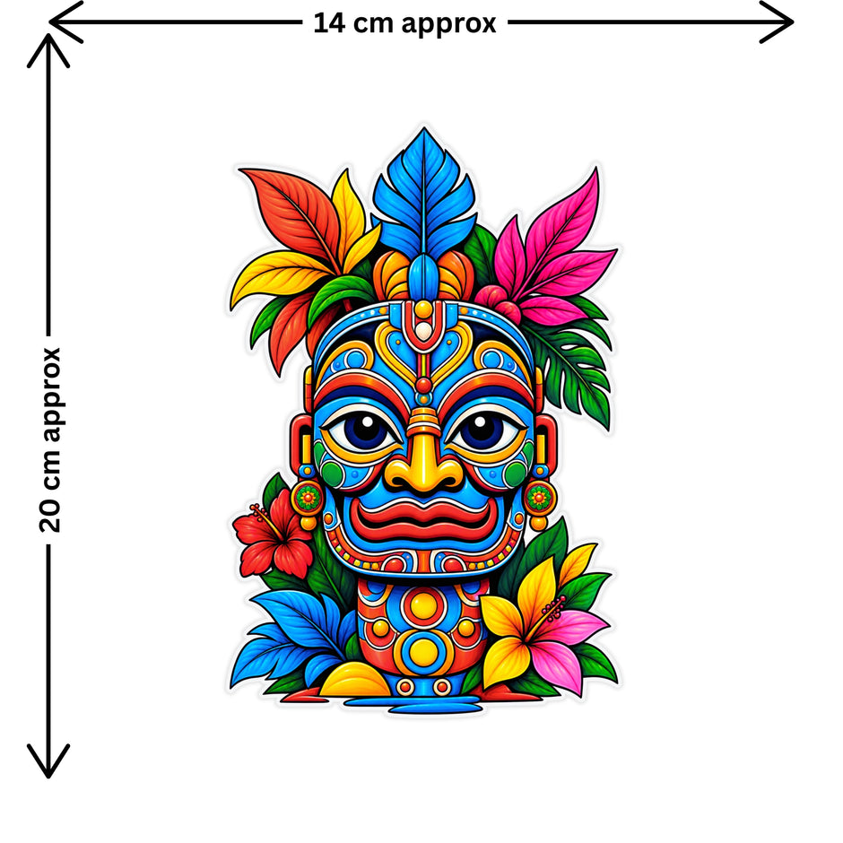 Colorful Tribal Mask Floral Sticker Size Guide Showing Approximate 14 × 20 cm by STIXY