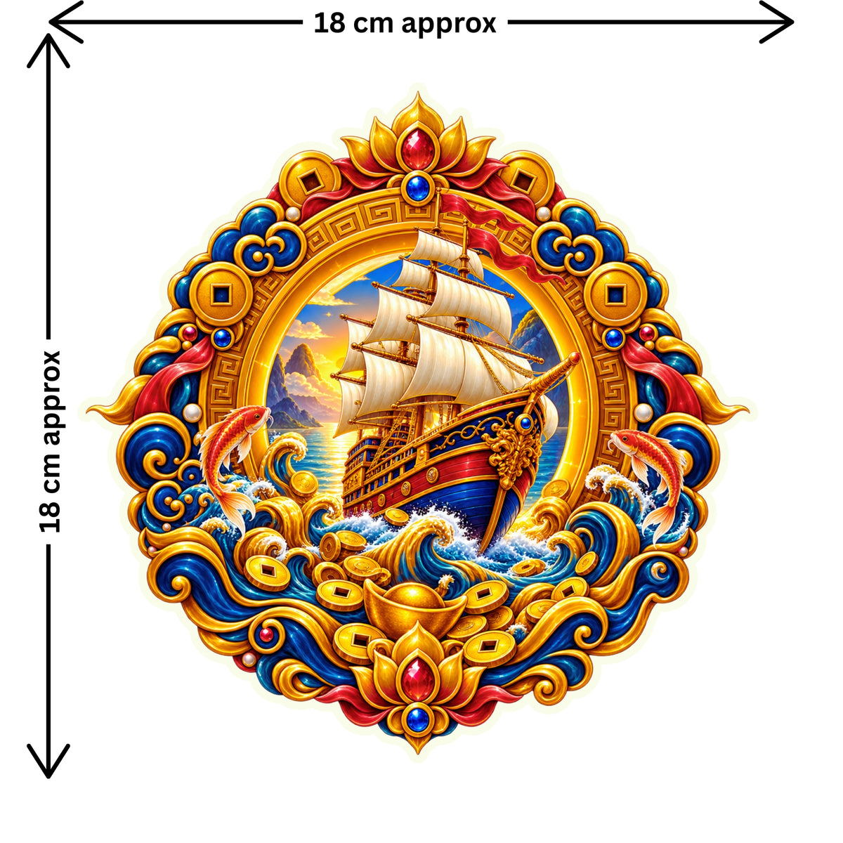 Feng Shui Wealth Ship Sticker Size Guide Showing Approximate 18 × 18 cm Size by STIXY