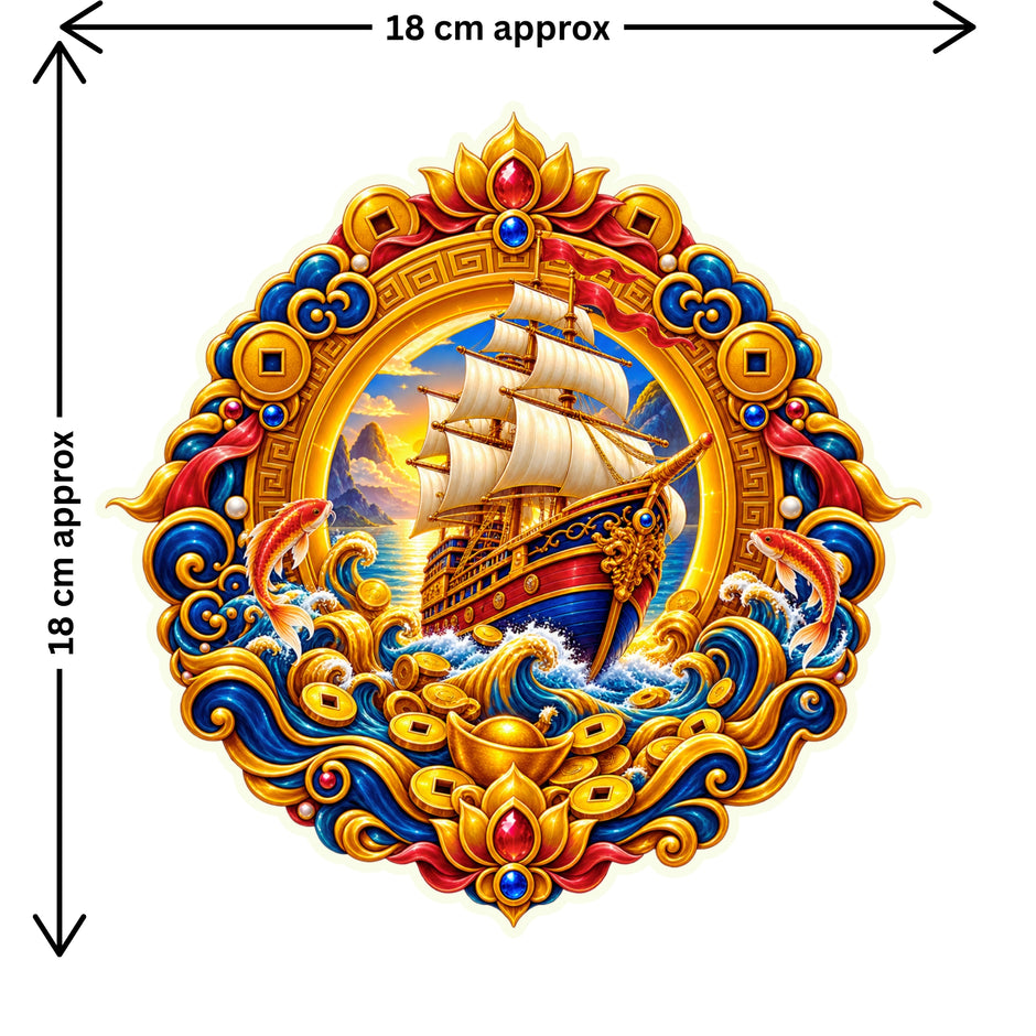 Feng Shui Wealth Ship Sticker Size Guide Showing Approximate 18 × 18 cm Size by STIXY