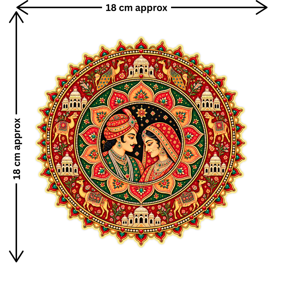 Royal Rajasthani Couple Mandala Sticker Size Guide 18 × 18 cm by STIXY