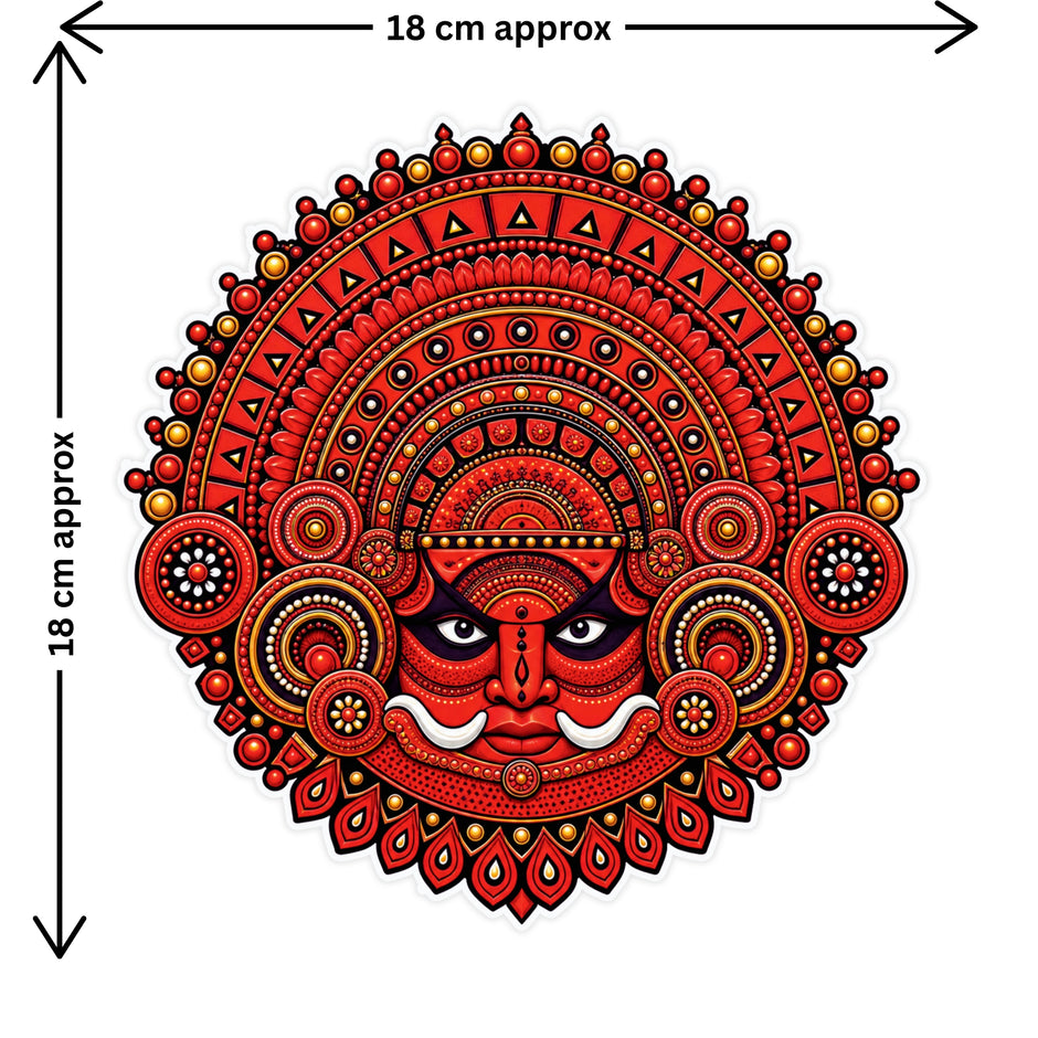Theyyam Face Mandala Sticker Size Guide Showing Approximate 18 × 18 cm by STIXY