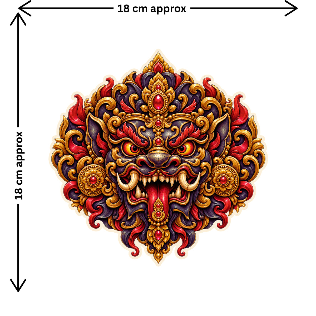 Kirtimukha Guardian Protection Sticker Size Guide Showing Approximate 18 × 18 cm Size by STIXY