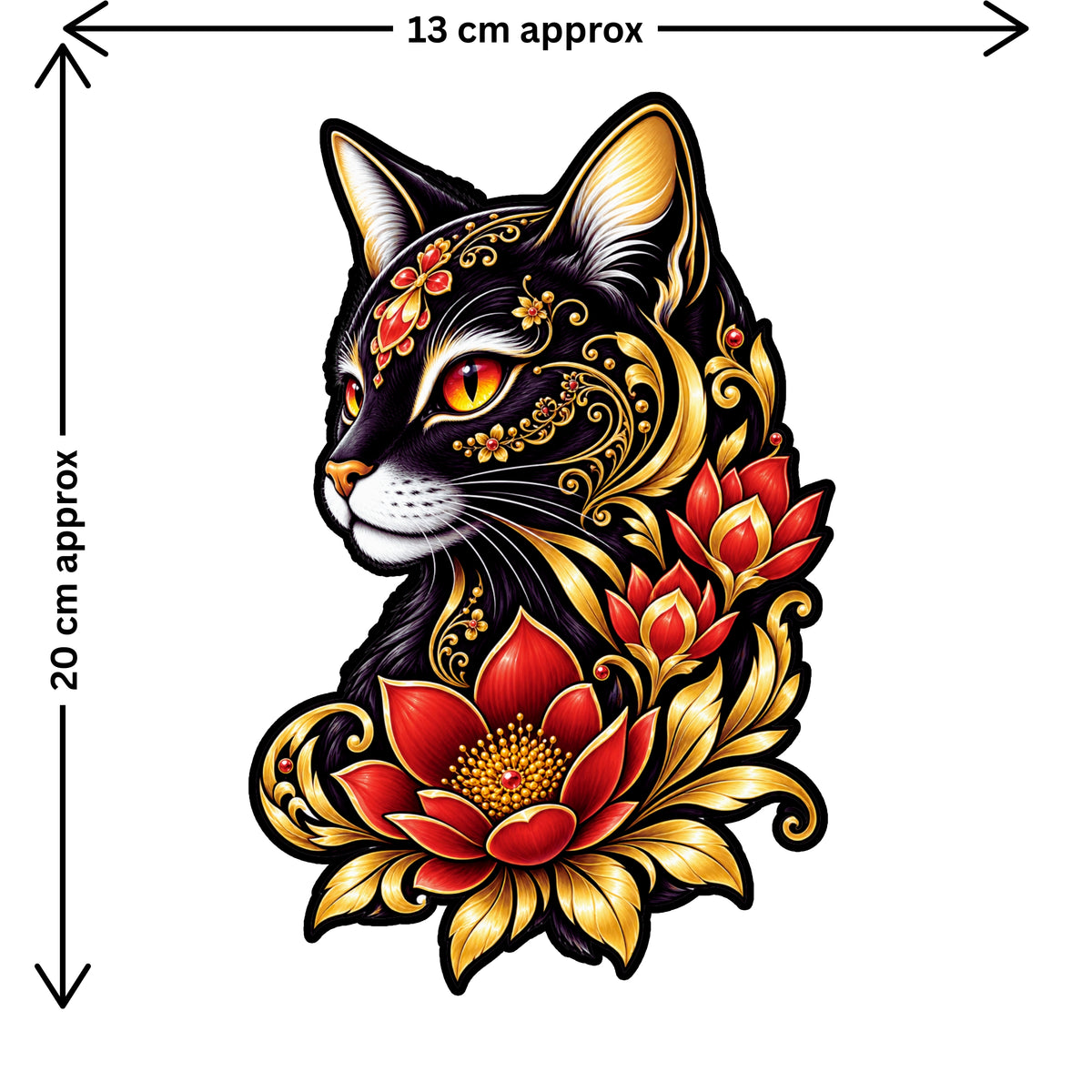 Black Cat Floral Sticker Size Guide Showing Approximate 13 × 20 cm by STIXY